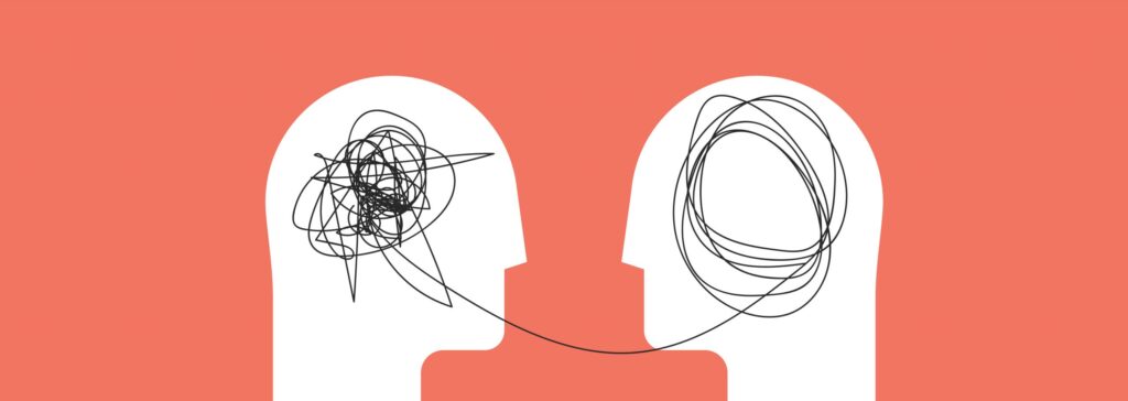 Empathy graphic with squiggly line from one brain to another