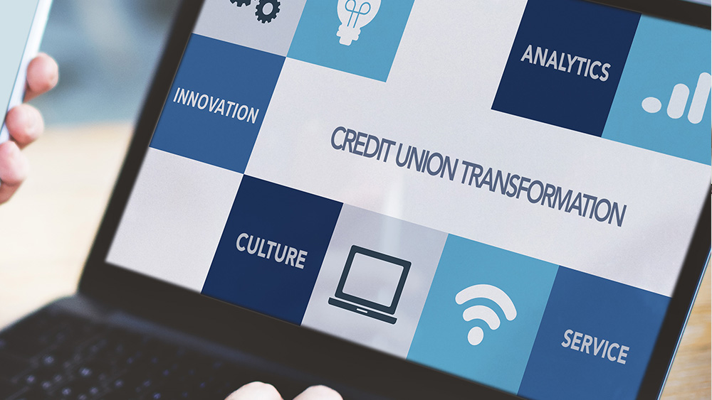 Credit Union Transformation on a computer graphic with data icons