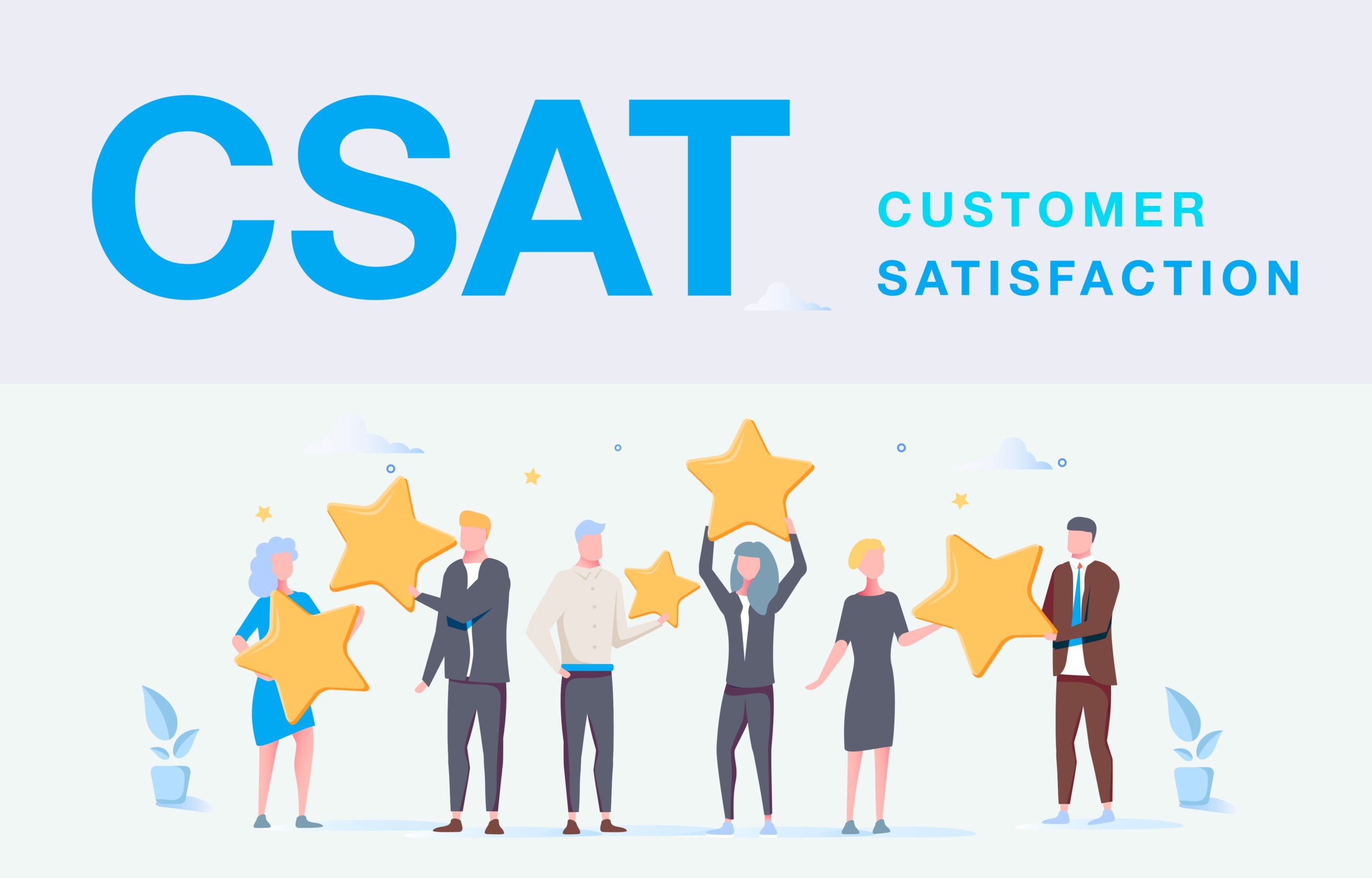 Customer satisfaction graphic with businesspeople and stars