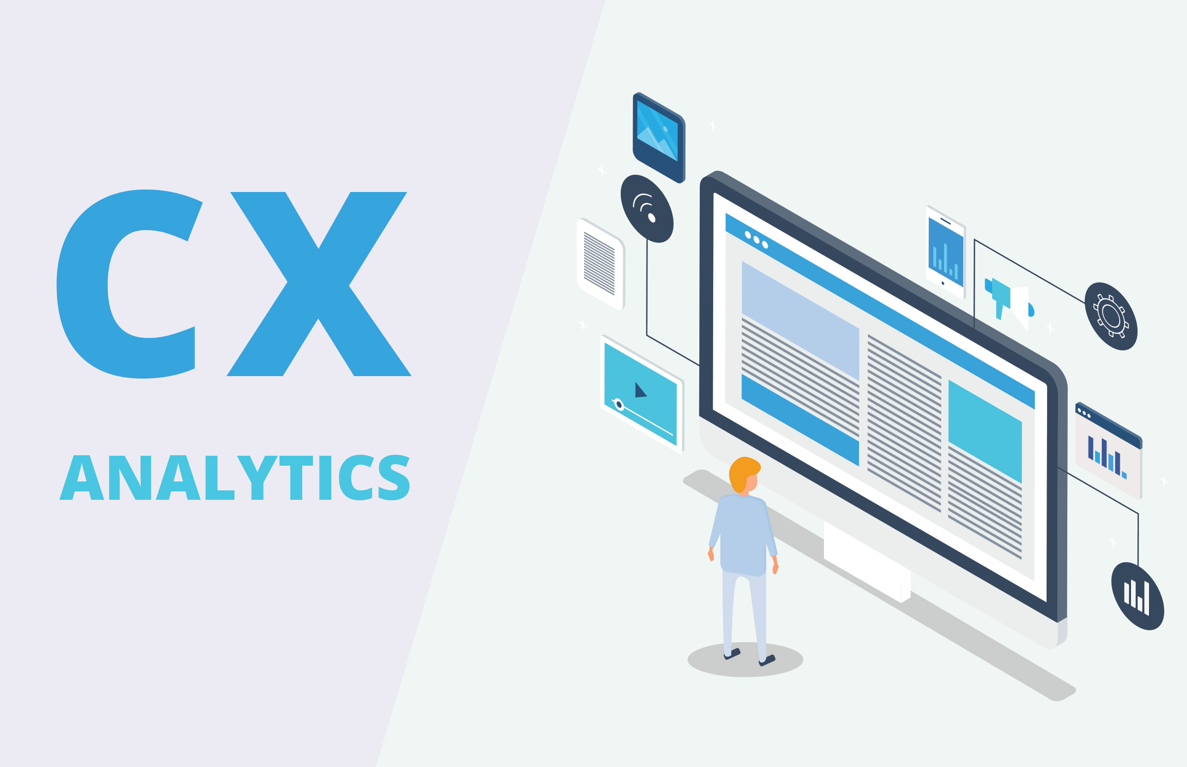 Graphic of CX analytics and customer looking at screen